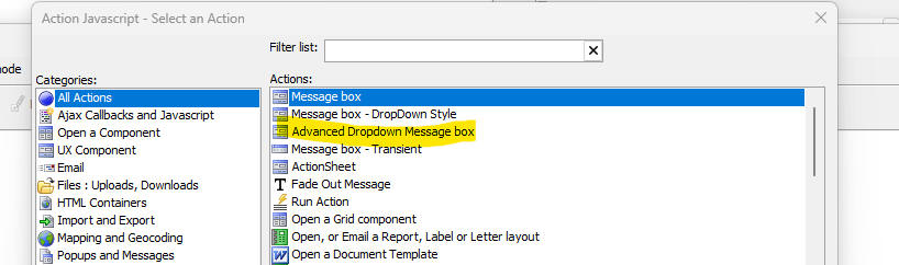 Action Javascript option for Advanced Dropdown Message box.